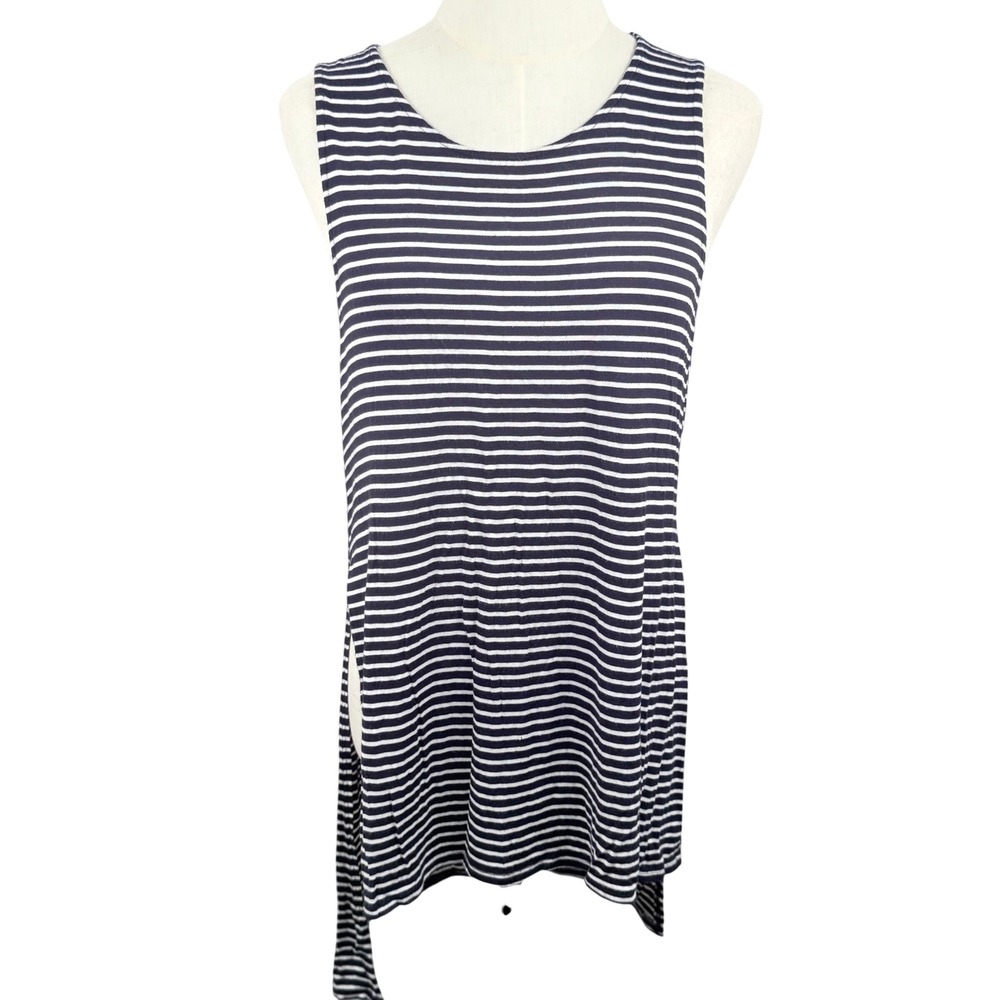 Ginger G Women M Tank Top Navy Striped High Low Side Slit Tunic Nautical Casual